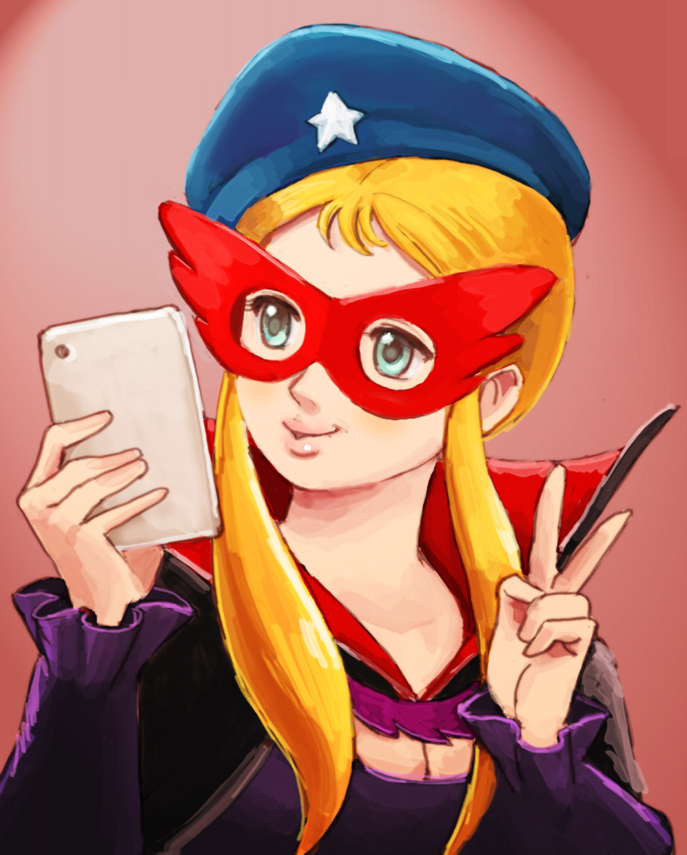 1girl aqua_eyes bad_id bad_pixiv_id beret blonde_hair blue_eyes cellphone female_focus hat highres la_seine_no_hoshi lafolie mask phone red_background retro_artstyle selfie sidelocks simone_(la_seine_no_hoshi) simple_background smartphone solo upper_body v