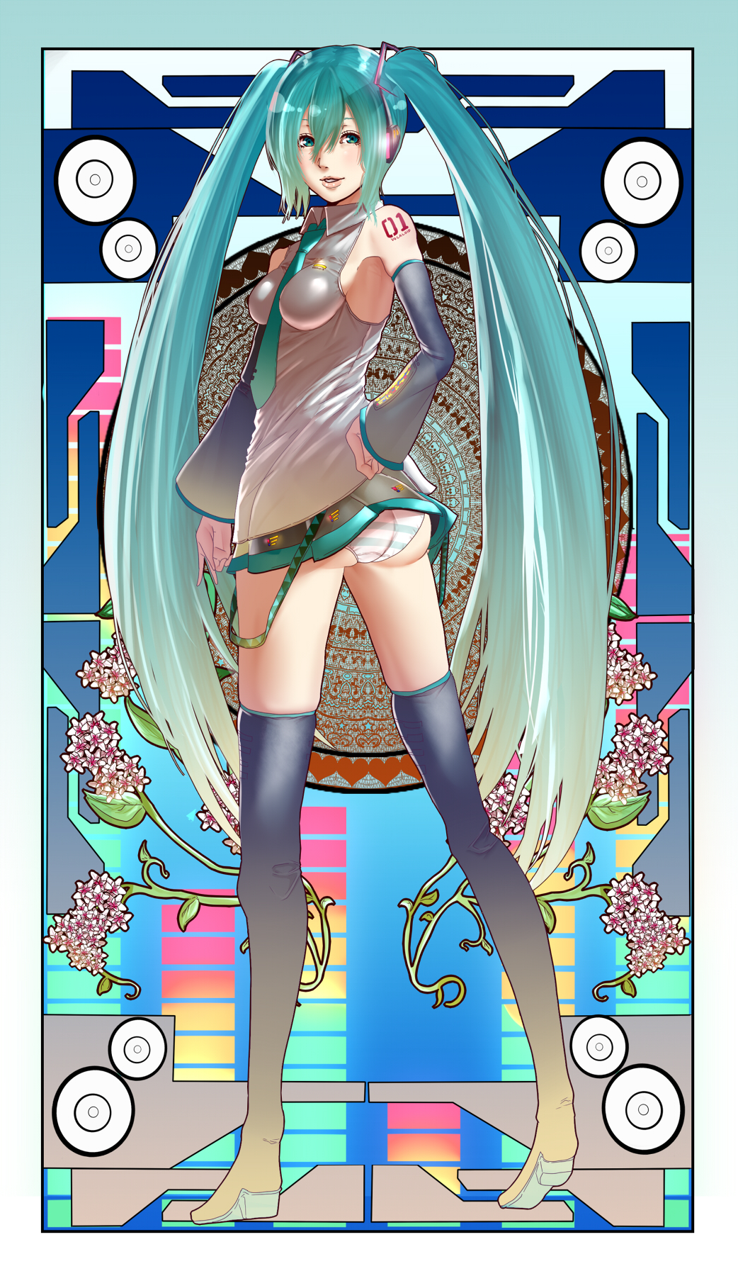 1girl aqua_eyes aqua_hair ass detached_sleeves female_focus hatsune_miku highres long_hair looking_at_viewer looking_back necktie panties pantyshot parted_lips puu_maru skindentation skirt smile solo striped_clothes striped_panties thighhighs twintails underwear upskirt very_long_hair vocaloid