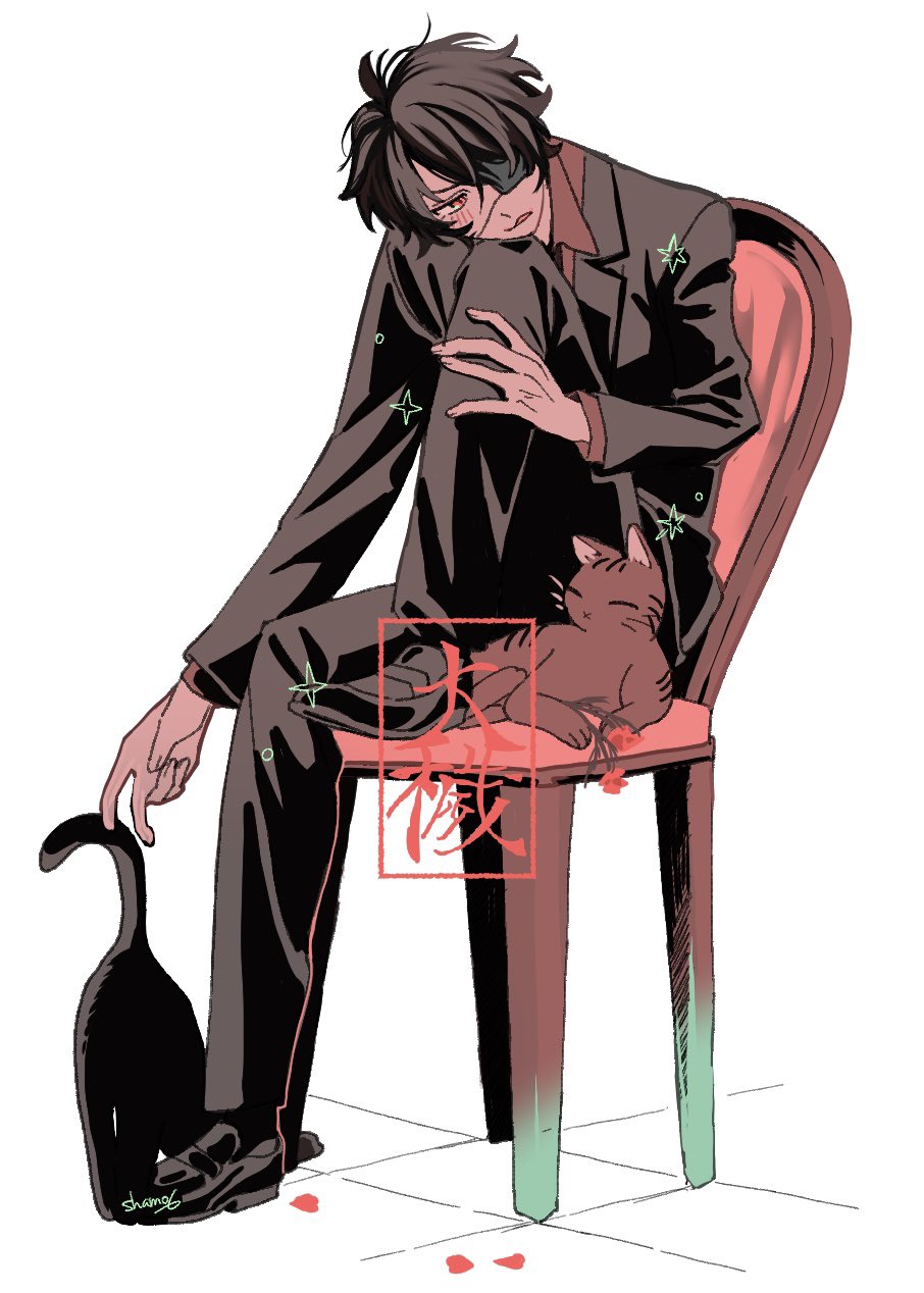 1boy black_footwear black_hair black_jacket black_pants blush cat chair collared_shirt copyright_name dress_shoes eyepatch flower formal_clothes full_body head_on_knee highres jacket long_sleeves male_focus on_chair ooe_(game) open_mouth pants petals red_eyes red_shirt shamoroku shinbashi_(ooe) shirt short_hair signature sitting solo star_(symbol) suit white_background