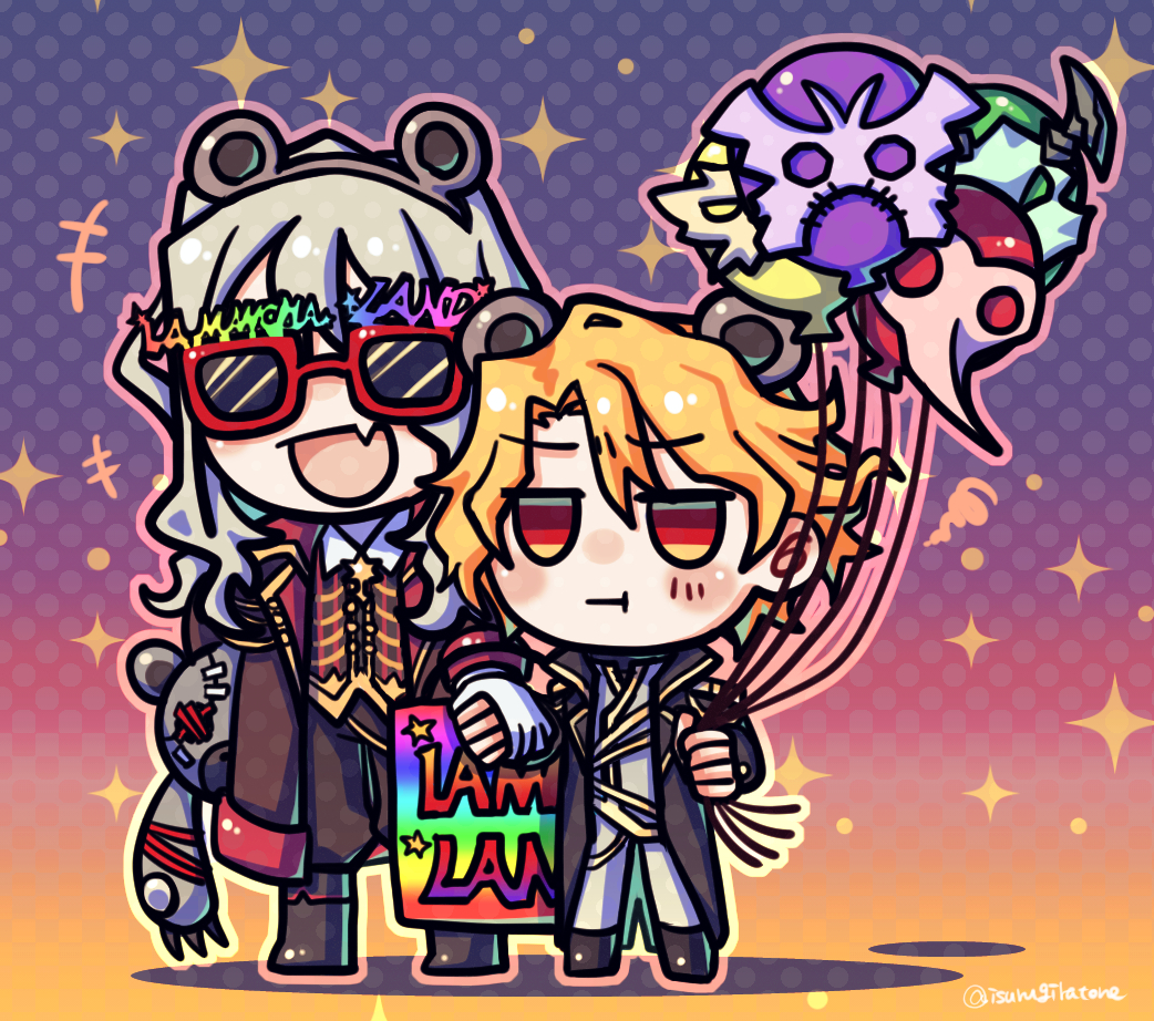 1boy 1girl balloon black_coat black_vest blonde_hair brown_pants closed_mouth coat don_quixote_(project_moon) fang full_body gold_trim holding holding_balloon hurting_teddy_bear isurugiratone jacket jitome la_manchaland&#039;s_don_quixote_(project_moon) limbus_company long_hair novelty_glasses open_mouth pants parted_bangs project_moon red_eyes sancho_(project_moon) short_hair sidelocks skin_fang smile sparkle sunglasses vest white_hair white_jacket white_pants