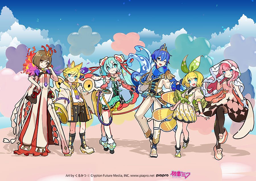 2boys 4girls ahoge aqua_bow aqua_eyes aqua_hair aqua_ribbon artist_name belt belt_buckle black_footwear black_pantyhose black_shorts black_socks blonde_hair blue_hair blue_scarf blue_sky blunt_bangs boots bow brown_eyes brown_hair buckle buttons cape character_name closed_mouth cloud collared_cape collared_jacket commentary commentary_request company_name copyright_notice crossed_bangs crown detached_sleeves dress epaulettes flower flower_symbol footwear_bow formal_clothes frilled_gloves frilled_shirt_collar frilled_sleeves frilled_socks frills gloves gold_trim green_bow green_cape green_neckerchief grin hair_between_eyes hair_bow hair_flower hair_ornament hair_ribbon hand_on_own_chin hand_on_own_face hand_on_own_hip hatsune_miku jacket kagamine_len kagamine_rin kaito_(vocaloid) kurumitsu layered_skirt leg_up logo long_dress long_hair long_sleeves looking_at_viewer magical_mirai_kaito magical_mirai_kaito_(2021) magical_mirai_len magical_mirai_len_(2021) magical_mirai_luka magical_mirai_luka_(2021) magical_mirai_meiko magical_mirai_meiko_(2021) magical_mirai_miku magical_mirai_miku_(2021) magical_mirai_rin magical_mirai_rin_(2021) megurine_luka meiko_(vocaloid) multiple_boys multiple_girls neck_ribbon neckerchief official_art one_eye_closed open_clothes open_jacket open_mouth orange_belt oversized_clothes pants pantyhose pink_cape pink_dress pink_hair pink_ribbon puffy_short_sleeves puffy_sleeves ribbon scarf shadow shirt shoes short_hair short_sleeves shorts side_slit single_epaulette skirt sky smile socks sparkle_print spiked_hair striped_clothes striped_scarf striped_shorts striped_socks suit thigh_boots twintails veil vertical-striped_clothes vertical-striped_scarf vertical-striped_shorts vertical-striped_socks vocaloid watermark web_address white_dress white_flower white_footwear white_gloves white_jacket white_pants white_shirt white_skirt white_sleeves white_socks wide_sleeves