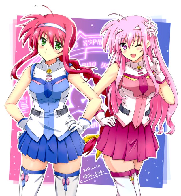 2girls amitie_florian blush braid braided_ponytail breasts closed_mouth flower gloves green_eyes hair_flower hair_ornament hairband hand_on_own_hip hands_on_own_hips kyrie_florian long_hair looking_at_viewer lyrical_nanoha mahou_shoujo_lyrical_nanoha mahou_shoujo_lyrical_nanoha_a&#039;s mahou_shoujo_lyrical_nanoha_a&#039;s_portable:_the_gears_of_destiny medium_breasts multiple_girls one_eye_closed open_mouth pink_eyes pink_hair red_hair san-pon smile thighhighs white_gloves white_thighhighs