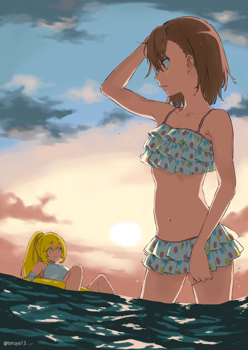 +_+ 2girls afloat arm_at_side arm_up armpit_peek artist_name backlighting bare_arms bare_shoulders bikini bikini_skirt blonde_hair breasts brown_eyes brown_hair cloud cloudy_sky collarbone commentary_request cowboy_shot elbow_gloves frilled_bikini frilled_bikini_top frills gloves hair_between_eyes hand_on_own_head highres innertube knees_up long_hair looking_away medium_breasts midriff misaka_mikoto multicolored_polka_dots multiple_girls navel ocean one-piece_swimsuit outdoors parted_lips partially_submerged polka_dot polka_dot_bikini polka_dot_bikini_top polka_dot_skirt ponytail ruffle_bikini shokuhou_misaki short_hair skirt sky small_breasts stomach sun sunset swim_ring swimsuit teruya_(6w6y) toaru_kagaku_no_railgun toaru_majutsu_no_index twitter_username wading water water_drop wet wet_hair white_bikini white_gloves white_one-piece_swimsuit white_skirt yellow_eyes