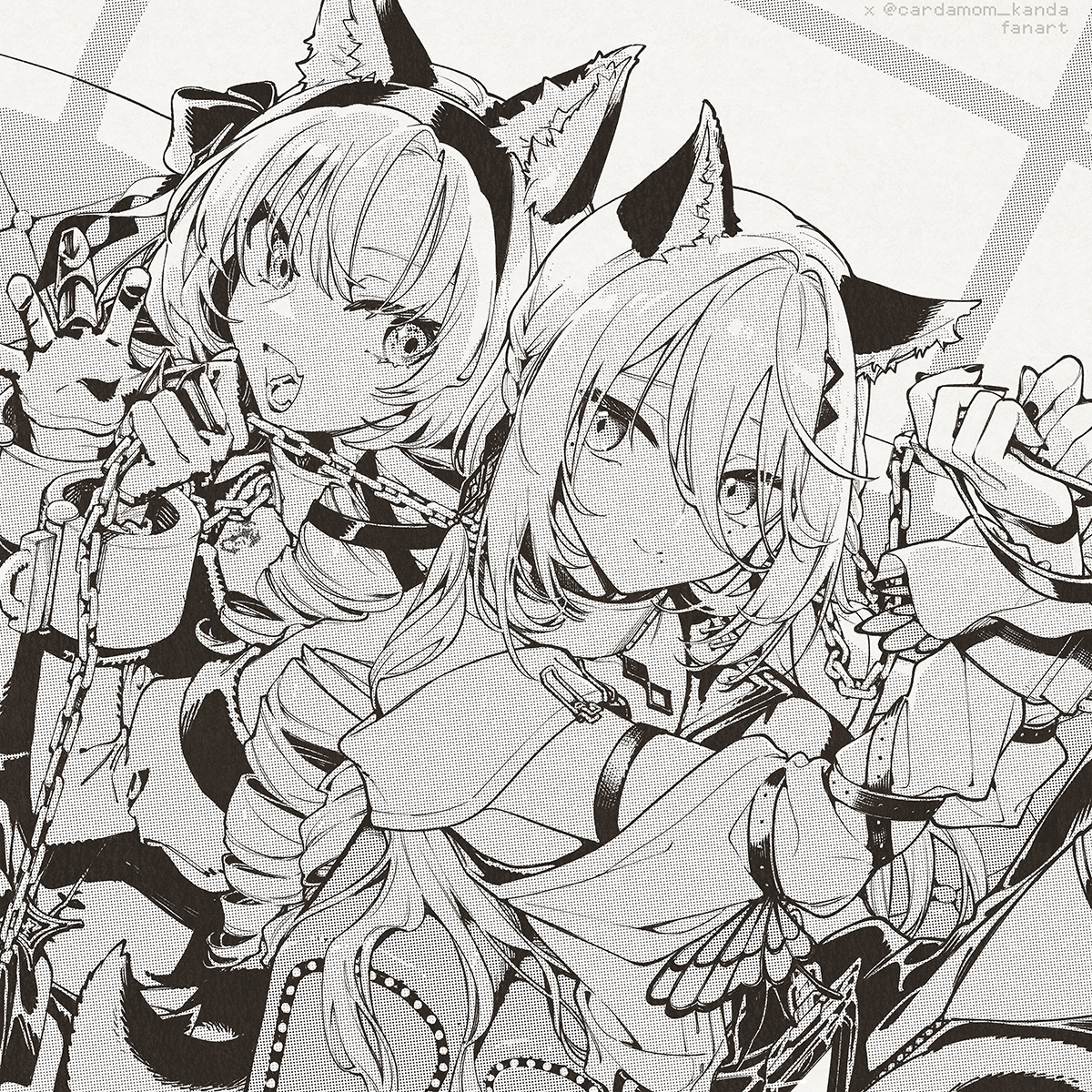2girls animal_ears bound bound_wrists cardamom_kanda chain chain_leash claw_ring collar commentary_request couch detached_sleeves dress drill_hair fake_animal_ears gloves hair_ornament hairclip highres holding holding_chain hyakumantenbara_salome hyakumantenbara_salome_(1st_costume) juliet_sleeves leash long_hair long_sleeves metal_collar monochrome multiple_girls nijisanji on_couch puffy_long_sleeves puffy_sleeves purple_eyes side_slit skirt smile sophia_valentine sophia_valentine_(1st_costume) sparkling_eyes virtual_youtuber