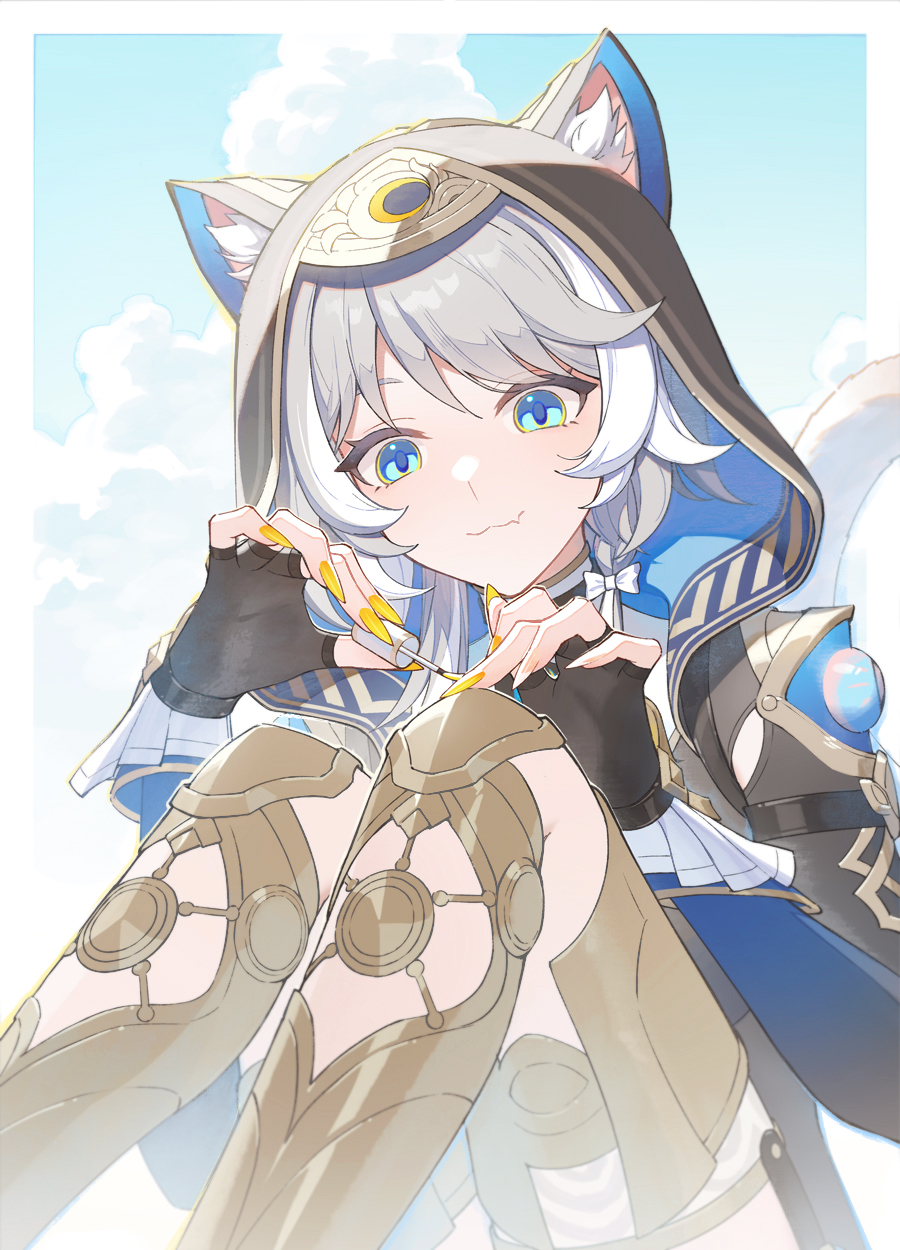 1girl animal_ear_fluff animal_ears animal_hood applying_manicure armored_boots black_gloves blue_eyes blue_sky boots cat_ears cat_girl cat_hood cat_tail cipher_(honkai:_star_rail) commentary fingerless_gloves gloves gold_boots grey_hair highres holding holding_brush holding_makeup_brush honkai:_star_rail honkai_(series) hood knees_up makeup_brush nail_polish_brush rj_(lingshih10) short_hair sky smile solo symbol-only_commentary tail yellow_nails