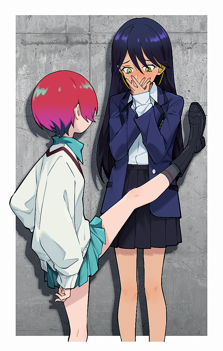 2girls amate_yuzuriha aqua_skirt black_boots black_hair black_skirt black_socks blush boots collared_shirt commentary_request covering_own_mouth cropped_legs foot_kabedon gradient_hair gundam gundam_gquuuuuux highres honi_(ohohoni) implied_pantyshot inset_border jacket kabedon long_hair looking_at_another multicolored_hair multiple_girls nyaan_(gundam_gquuuuuux) open_clothes open_jacket pleated_skirt purple_hair purple_jacket red_hair shirt short_hair skirt socks sweater two-tone_hair white_shirt white_sweater yellow_eyes