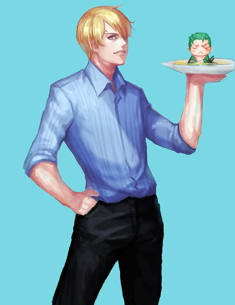 2boys blonde_hair blue_background blue_eyes closed_eyes cowboy_shot crossed_arms earrings food green_hair hair_over_one_eye hand_in_pocket in_food jewelry katana male_focus mini_person miniboy multiple_boys one-eyed one_piece ping_(caoyanping198793) roronoa_zoro sanji_(one_piece) scar scar_across_eye scar_on_face sheath sheathed shirt short_hair shueisha simple_background sleeves_rolled_up soup striped_clothes striped_shirt sword weapon