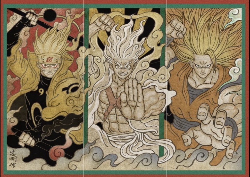 3boys blonde_hair chien_chih_kang clenched_hand dragon_ball fine_art_parody gear_fifth holding holding_weapon looking_at_viewer male_focus monkey_d._luffy multiple_boys muscular muscular_male naruto_(series) nihonga one_piece open_hand parody scar scar_on_chest son_goku spoilers super_saiyan ukiyo-e uzumaki_naruto weapon white_hair