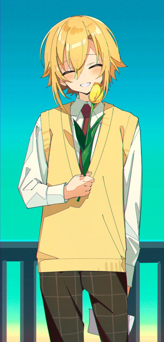 1boy blonde_hair checkered_clothes checkered_pants closed_mouth collared_shirt facing_viewer flower fuubuu gradient_sky green_eyes hair_between_eyes head_tilt holding holding_flower holding_letter letter long_sleeves male_focus necktie nijisanji pants railing red_necktie school_uniform shirt short_hair sky smile solo standing tulip uzuki_kou uzuki_kou_(3rd_costume) vest virtual_youtuber yellow_vest