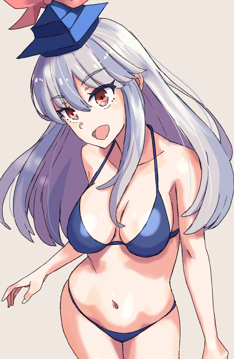 1girl :d bikini blue_bikini blue_hair blue_hat breasts cleavage collarbone commentary_request cowboy_shot from_above grey_hair happy hat highres jack_(wkm74959) kamishirasawa_keine long_hair medium_breasts navel one-hour_drawing_challenge open_mouth red_eyes smile solo swimsuit touhou very_long_hair