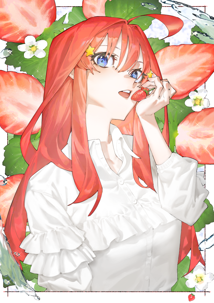 1girl ahoge alternate_costume blue_eyes collared_dress dress food fruit go-toubun_no_hanayome hair_ornament holding holding_food long_hair long_sleeves looking_at_viewer mi8pq nakano_itsuki open_mouth red_hair solo star_(symbol) star_hair_ornament strawberry upper_body white_dress