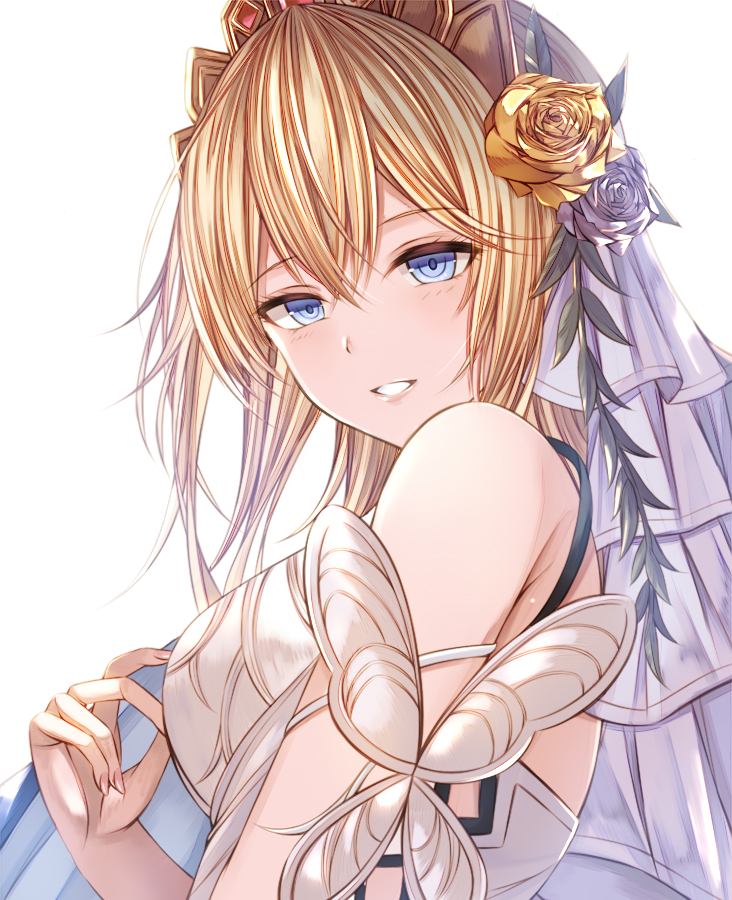 1girl bare_shoulders blonde_hair blue_eyes breasts dress europa_(granblue_fantasy) flower granblue_fantasy hair_flower hair_ornament kanpyou_(hghgkenfany) medium_hair parted_lips simple_background solo tiara upper_body veil white_background white_dress yellow_flower