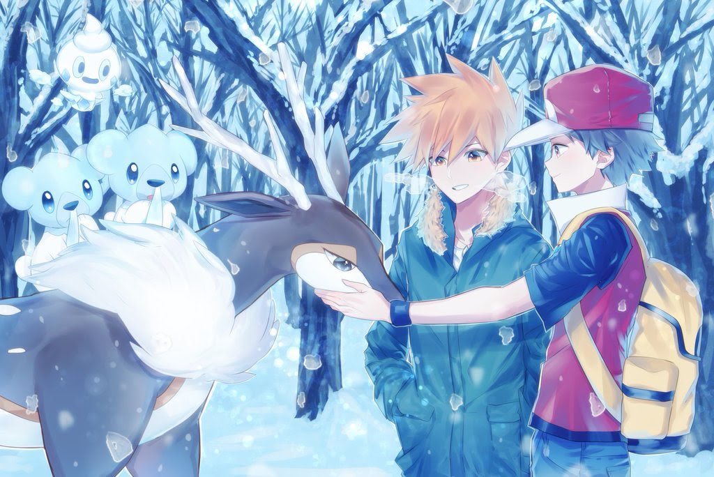 2boys alternate_costume backpack bag bare_tree black_shirt blonde_hair blue_oak coat commentary_request cubchoo day gen_5_pokemon hand_in_pocket hat male_focus multiple_boys nintendo outdoors pants petting pokemon pokemon_(creature) pokemon_frlg red_(pokemon) red_hat red_vest sawsbuck sawsbuck_(winter) sekaiitinoki shirt short_hair snow spiked_hair t-shirt tree vanillite vest winter wristband yellow_bag