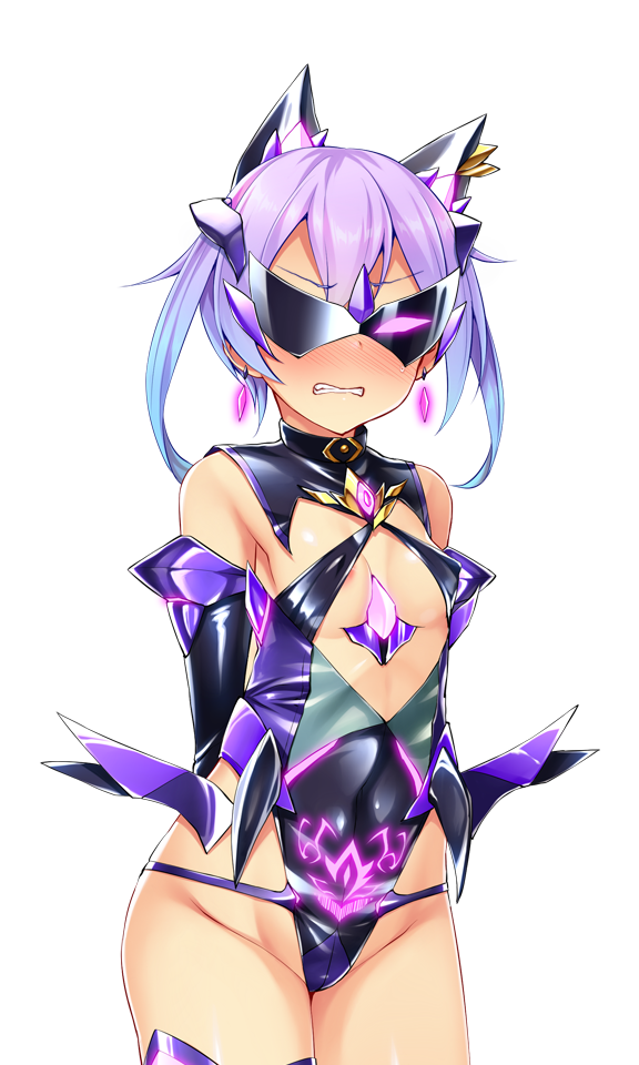 1girl animal_ears arms_behind_back bare_shoulders blue_hair blush breasts clenched_teeth corruption covered_erect_nipples covered_navel cowboy_shot dark_persona earrings elbow_gloves evil_aqua fujii_natsumi_(ysphere) game_cg gem gloves glowing gradient_hair hair_between_eyes highleg highleg_leotard jewelry large_variant_set leotard looking_at_viewer mask mind_control multicolored_hair non-web_source nose_blush official_art pubic_tattoo purple_hair satou_kuuki shiny_clothes short_hair simple_background small_breasts solo soukou_seiki_ysphere standing sunglasses tattoo teeth thighhighs transparent_background twintails variant_set white_background