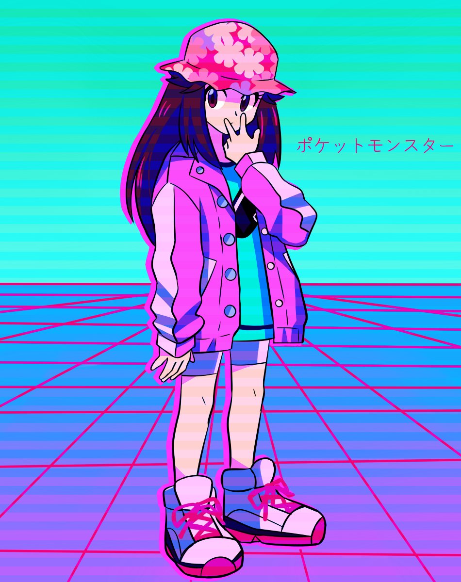 1girl alternate_color bike_shorts blue_background brown_hair bucket_hat cross-laced_shoes full_body green_shirt hat highres jacket leaf_(pokemon) leaf_(sygna_suit)_(pokemon) nintendo official_alternate_costume pink_hat pink_jacket pokemon pokemon_masters_ex shirt shoes solo standing stardust_epic vaporwave