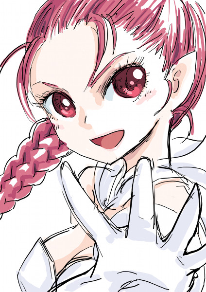 1boy braid breasts cape chrono_trigger cleavage commentary_request flea_(chrono_trigger) gloves long_hair looking_at_viewer male_focus male_with_breasts open_mouth pink_hair pointy_ears ponytail s-a-murai single_braid smile solo trap