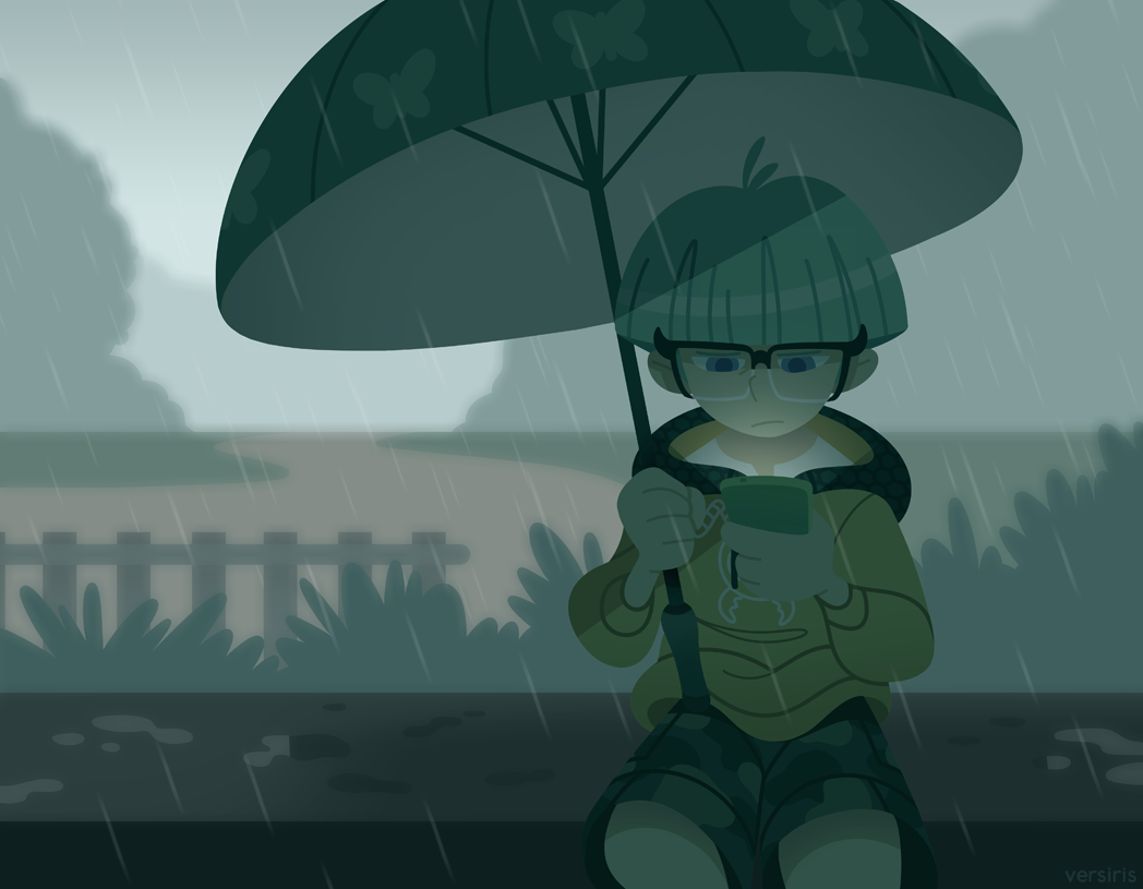 1boy blue_eyes bowl_cut camouflage camouflage_shorts cellphone closed_mouth fence frown glasses holding holding_phone holding_umbrella hood hood_down insector_haga long_sleeves looking_at_phone male_focus outdoors phone picket_fence short_hair shorts signature sitting smartphone solo umbrella versiris wooden_fence yu-gi-oh! yu-gi-oh!_duel_monsters