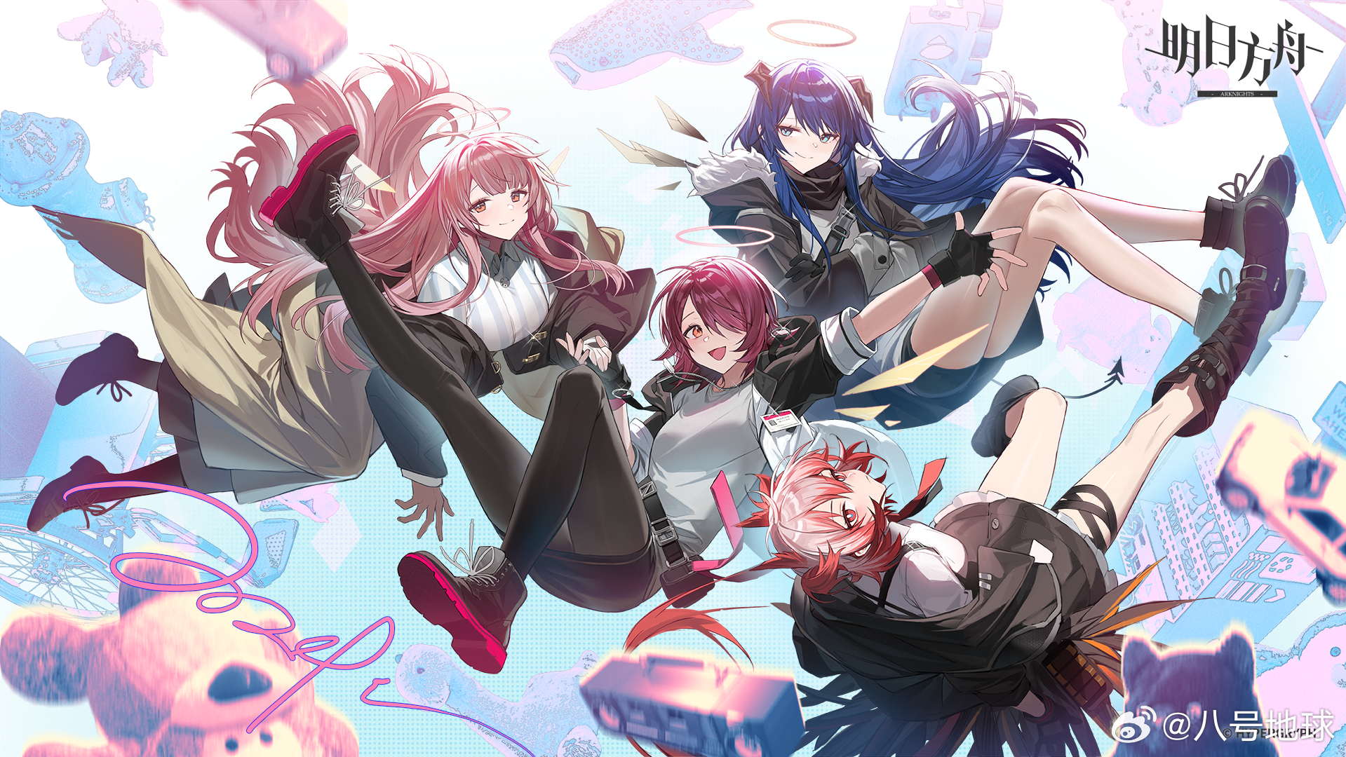 4girls arknights arm_up bahao_diqiu belt black_belt black_footwear black_gloves black_skirt blue_hair boots closed_mouth cross-laced_footwear exusiai_(arknights) fiammetta_(arknights) fingerless_gloves full_body gloves hair_over_one_eye halo highres jacket lemuen_(arknights) long_hair long_sleeves looking_at_viewer mostima_(arknights) multiple_girls official_art open_clothes open_jacket open_mouth pink_hair red_eyes red_hair shirt shoe_soles short_hair siblings sisters skirt smile white_shirt