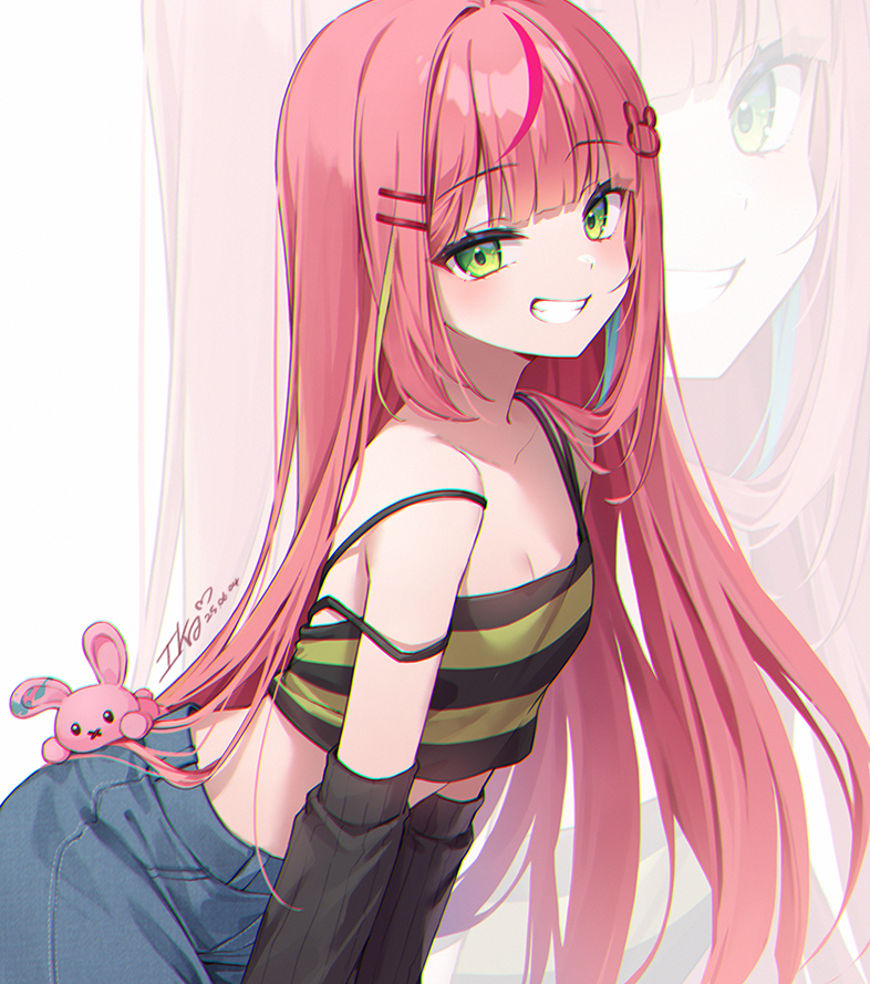 1girl bare_shoulders breasts cleavage cowboy_shot crop_top denim detached_sleeves green_eyes grin hair_ornament hairclip hanako_nana ika_(4801055) leaning_forward long_hair looking_at_viewer midriff multi-strapped_shirt multicolored_hair pink_hair shirt simple_background sleeveless sleeveless_shirt small_breasts smile solo spaghetti_strap stellive strap_slip streaked_hair striped_clothes striped_shirt very_long_hair virtual_youtuber white_background zoom_layer