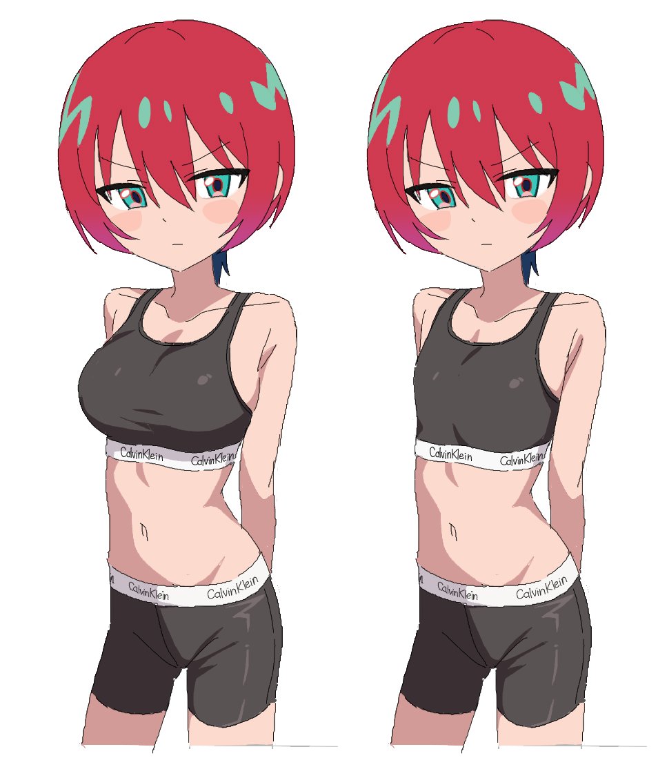 1girl alternate_breast_size amate_yuzuriha bike_shorts blush bra breasts calvin_klein dual_persona green_eyes gundam gundam_gquuuuuux hair_between_eyes medium_breasts mimimi222 red_hair short_hair simple_background small_breasts underwear white_background