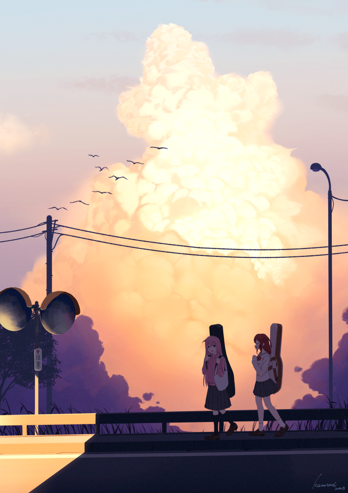 2025 2girls arrow_(symbol) black_skirt black_socks blue_sky bocchi_the_rock! brown_shoes cloud commentary_request gotoh_hitori instrument_case instrument_on_back jacket kita_ikuyo kneehighs kosumi lamppost loafers long_hair multiple_girls outdoors pink_hair pink_jacket pleated_skirt power_lines red_hair sailor_collar school_uniform serafuku shirt shoes sign signature skirt sky socks sunset track_jacket traffic_mirror utility_pole very_long_hair walking white_sailor_collar white_shirt white_socks