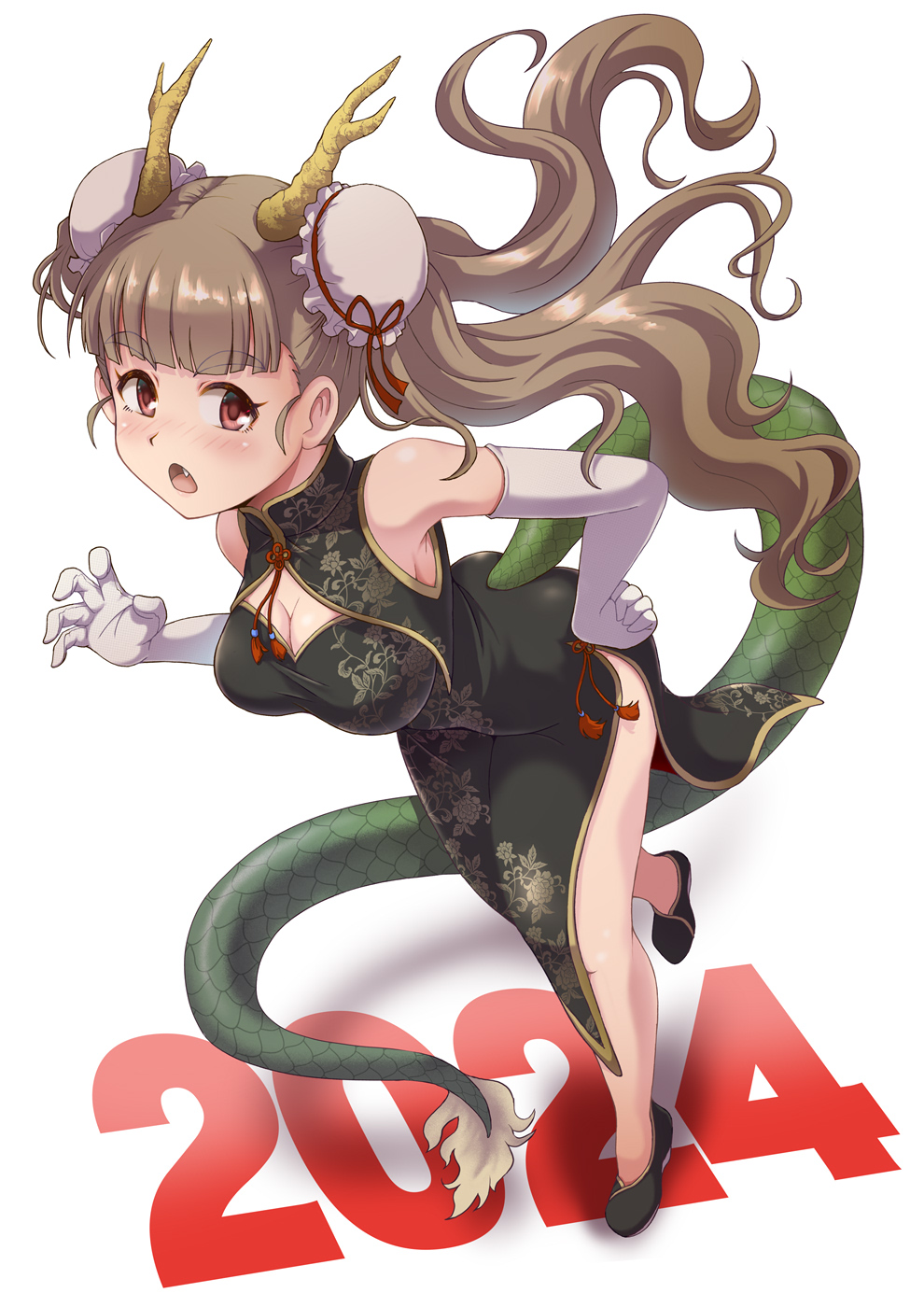 1girl 2024 bare_shoulders blunt_bangs blush breasts brown_hair china_dress chinese_clothes claw_pose cleavage cleavage_cutout clothing_cutout double_bun dragon_horns dragon_tail dress fang green_dress hair_bun highres horns idolmaster idolmaster_cinderella_girls kamiya_nao large_breasts long_hair new_year open_mouth red_eyes satomura_kyou solo tail thick_eyebrows thighs white_background