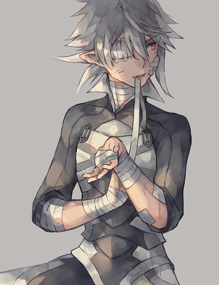 1boy anocurry armor bad_id bad_twitter_id bandaged_arm bandaged_hand bandaged_neck bandages bandaid bandaid_on_face male_corrin_(fire_emblem) fire_emblem fire_emblem_fates grey_background injury male_focus nintendo pointy_ears red_eyes simple_background solo