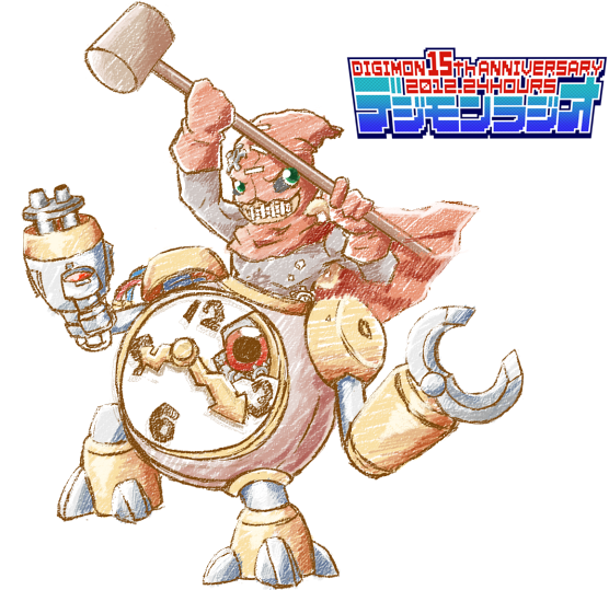 clock clockmon digimon digimon_(creature) green_eyes hammer hood solo