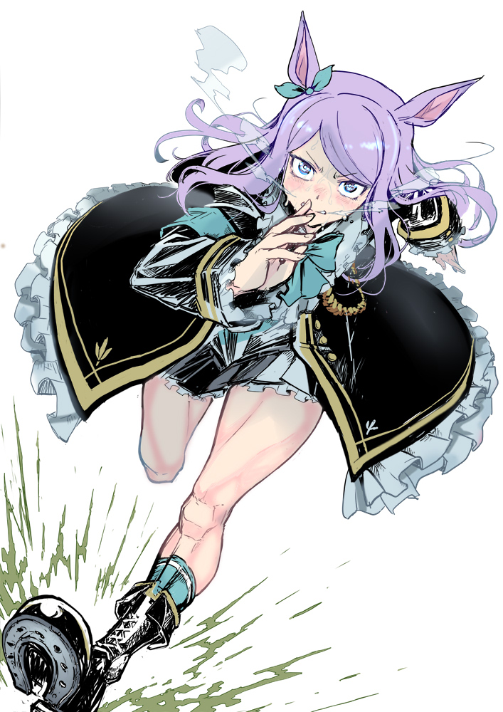 1girl animal_ears aqua_socks black_boots black_jacket black_skirt blush boots bow commentary_request full_body hair_bow horse_ears horse_girl horse_tail jacket long_hair long_sleeves looking_at_viewer mejiro_mcqueen_(umamusume) open_clothes open_jacket open_mouth purple_eyes purple_hair running shoe_soles simple_background skirt socks solo sweat tail take_nii umamusume v-shaped_eyebrows white_background