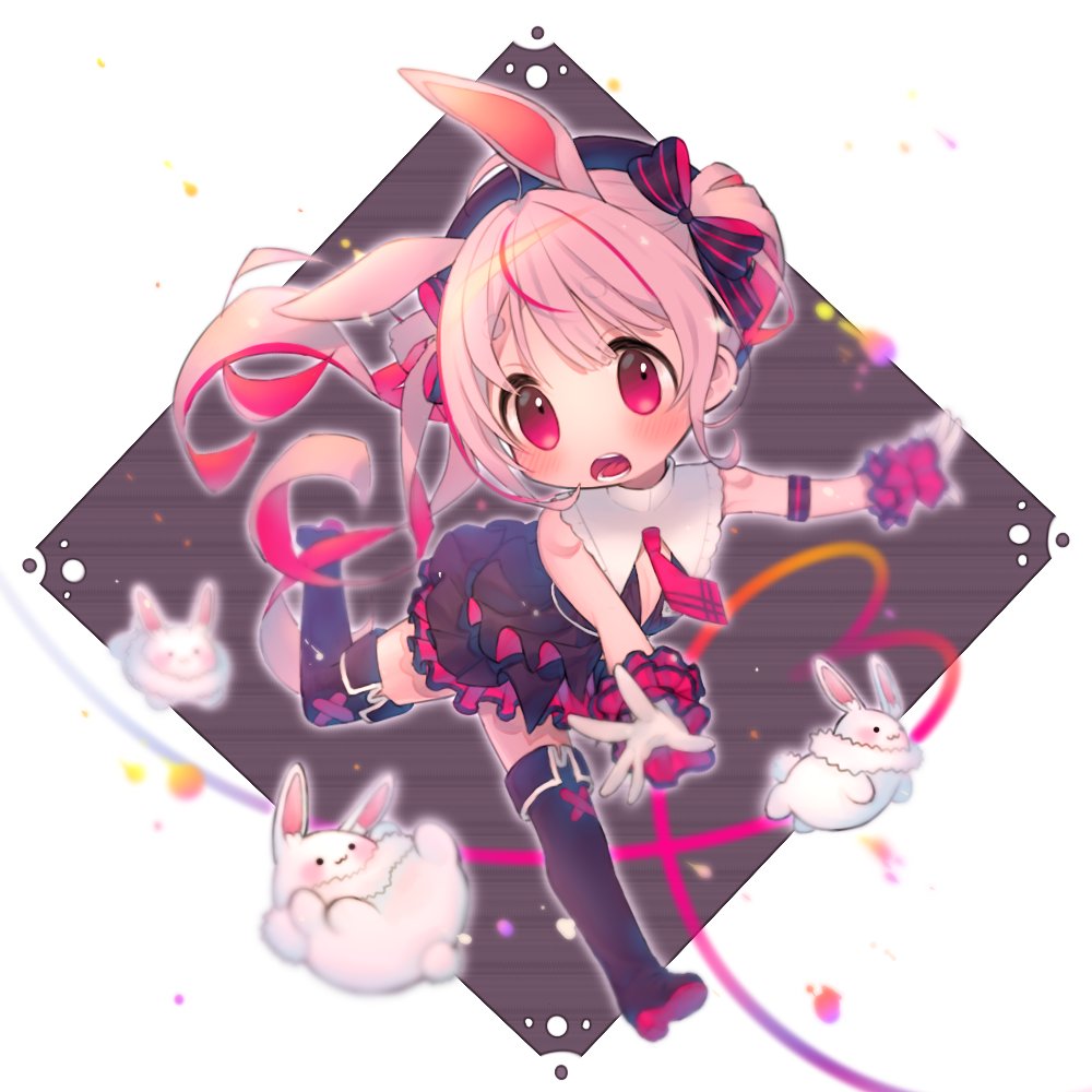 1girl animal_ears black_boots boots full_body gloves heart heart_of_string indie_virtual_youtuber open_mouth pink_hair rabbit rabbit_ears red_eyes running short_eyebrows sleeveless solo thick_eyebrows thigh_boots tomari_mari twintails virtual_youtuber white_gloves zudzuki