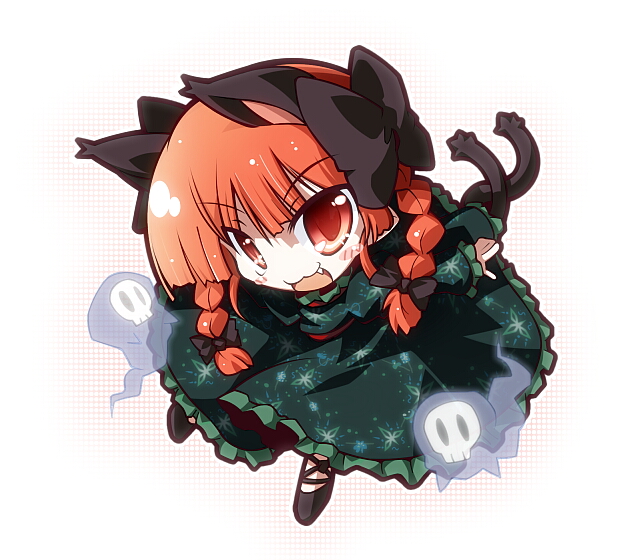 1girl :3 animal_ears black_bow black_shoes bow braid cat_ears cat_girl cat_tail chibi chibi_only commentary_request dress fang frilled_dress frilled_sleeves frills full_body ghost green_dress hair_bow kaenbyou_rin long_hair long_sleeves open_mouth red_eyes red_hair shoes skull smile solo tail take_tonbo touhou twin_braids white_background