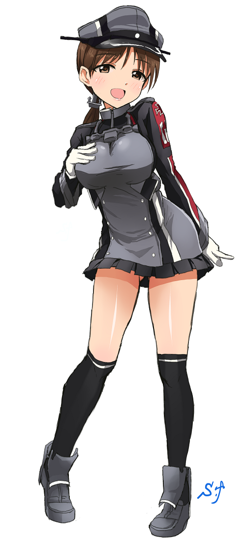 1girl breasts brown_eyes brown_hair cosplay female_focus gloves hat idolmaster idolmaster_cinderella_girls kantai_collection large_breasts long_hair military military_uniform nitta_minami open_mouth peaked_cap prinz_eugen_(kancolle) prinz_eugen_(kancolle)_(cosplay) shift_(waage) simple_background smile solo