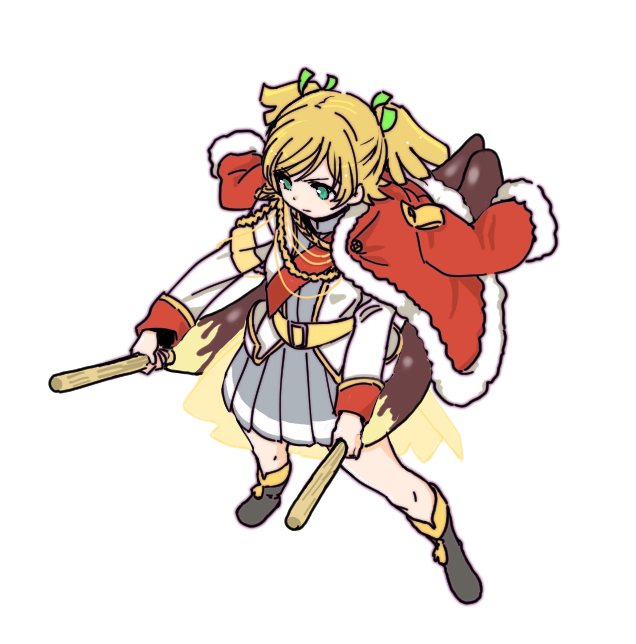 1girl aiguillette belt belt_buckle black_boots blonde_hair boots buckle chocolate_banana closed_mouth commentary_request daiba_nana dual_wielding epaulettes food from_above full_body fur-trimmed_jacket fur_trim green_eyes green_ribbon grey_skirt hair_ribbon hands_up holding holding_food jacket jacket_on_shoulders knee_boots long_sleeves looking_ahead miniskirt oversized_food oversized_object pleated_skirt red_jacket red_sash ribbon sash shinanoya_(satanicad) short_hair short_twintails shoujo_kageki_revue_starlight shoulder_sash simple_background single_stripe skirt solo standing striped_clothes striped_skirt tassel twintails v-shaped_eyebrows waist_cape white_background white_jacket yellow_belt