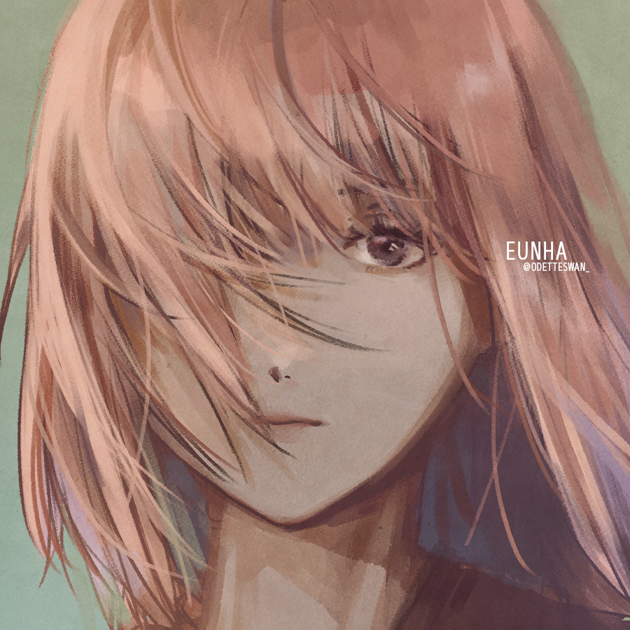 1girl adirosa artist_name_(singer) brown_eyes close-up closed_mouth commentary eunha_(gfriend) gfriend green_background hair_over_one_eye looking_at_viewer pink_hair real_life short_hair solo twitter_username