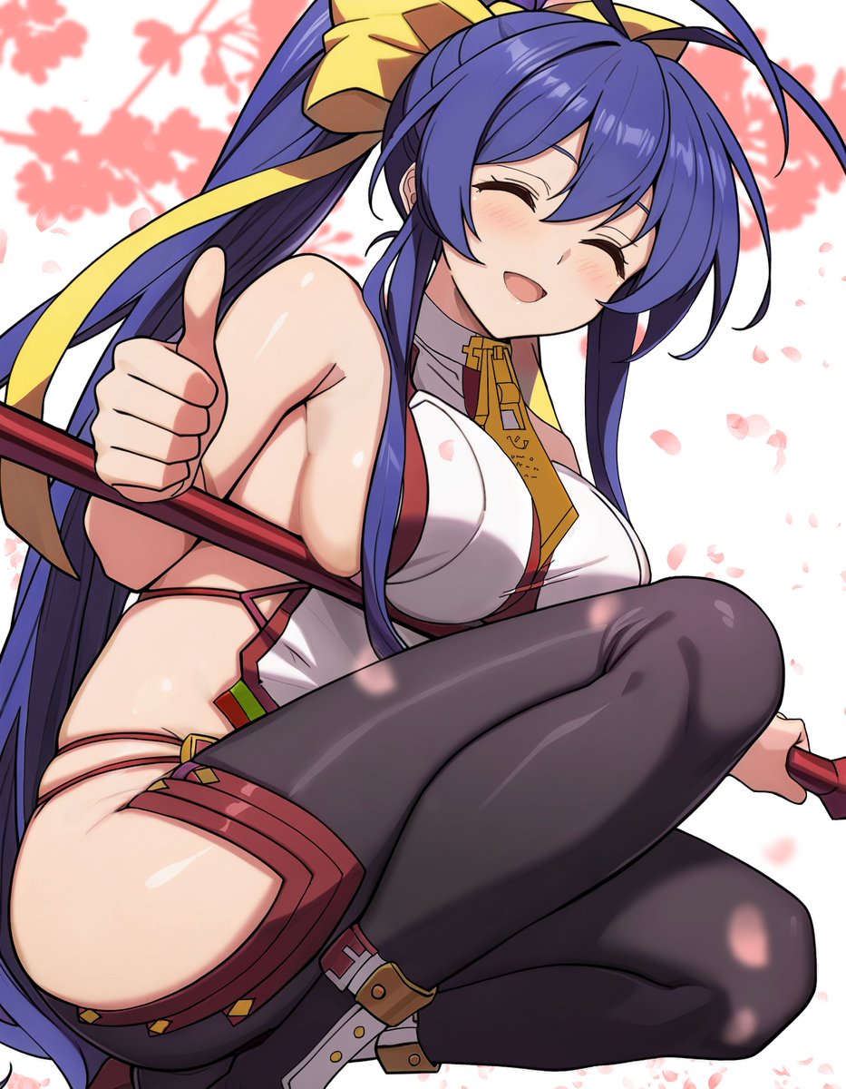 1girl antenna_hair ballardiae1007 bare_shoulders blazblue blazblue:_central_fiction blue_hair blush bow breasts gloves hair_between_eyes hair_bow highres large_breasts long_hair mai_natsume pants ponytail ribbon sideboob sidelocks smile solo very_long_hair weapon yellow_bow