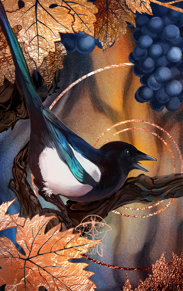 2020 abstract ambiguous_gender animal animal_focus artist_logo autumn autumn_leaves bird blurry blurry_background brown_eyes bug circle commentary dated depth_of_field english_commentary eurasian_magpie food forest french_commentary from_side fruit full_body giz-art grapes halo halo_behind_head implied_halo insect leaf logo magpie moth nature no_humans open_mouth original outdoors realistic ripples solo tongue tree