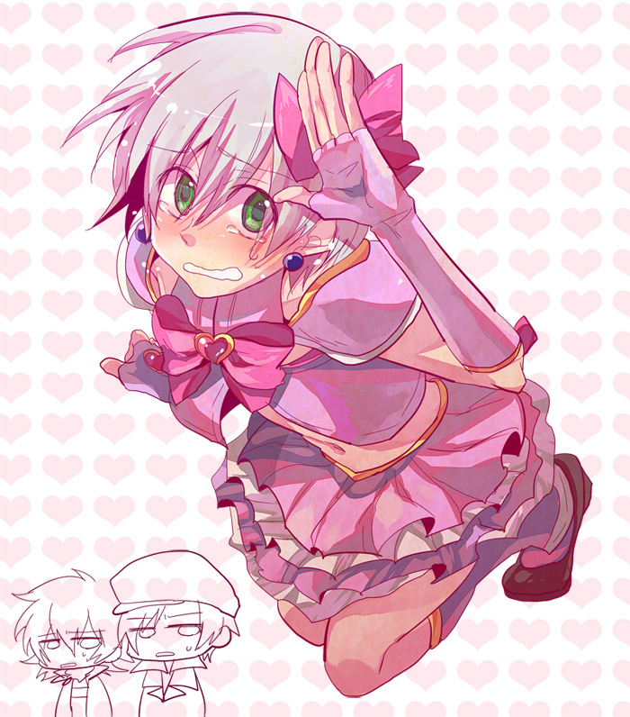 1boy blush brooch crossdressing crying earrings elbow_gloves embarrassed fingerless_gloves frilled_skirt frills gloves green_eyes hair_between_eyes hair_ribbon hand_over_face hat heart heart_background heart_brooch iria_animi ishiwari jewelry kneeling looking_at_viewer magical_boy male_focus official_alternate_costume ribbon ruca_milda short_hair skirt spada_belforma tales_of_(series) tales_of_innocence tears white_hair