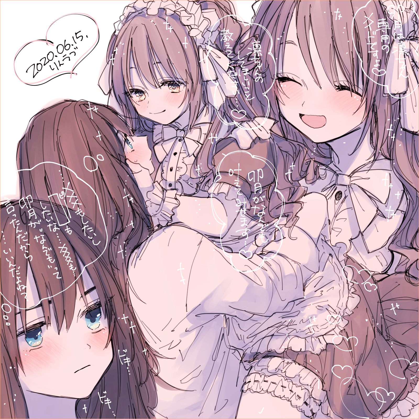 2girls amane_(7783) black_dress blue_eyes blush bow bowtie brown_hair carrying carrying_person closed_eyes commentary_request dated dress hand_on_another's_face heart highres idolmaster idolmaster_cinderella_girls long_hair long_sleeves multiple_girls open_mouth shibuya_rin shimamura_uzuki shirt smile sweatdrop thigh_strap white_bow white_bowtie white_headdress white_shirt yuri