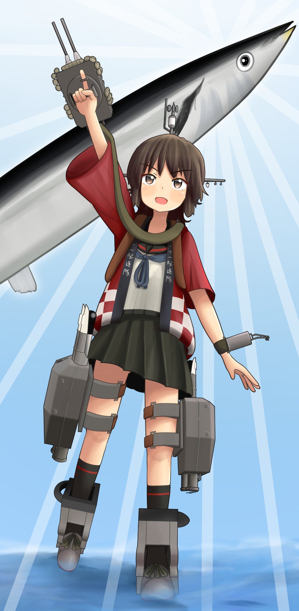 adapted_turret black_hair black_sailor_collar black_skirt blue_neckerchief brown_eyes cannon clothes_writing commentary_request fish full_body happi highres japanese_clothes kantai_collection machinery miyuki_(kancolle) miyuki_kai_ni_(kancolle) neckerchief pleated_skirt sailor_collar saury ship_turret short_hair skirt standing subprocedure torpedo_launcher