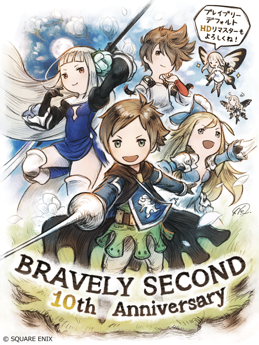 2boys 4girls airy_(bravely_default) anne_(bravely_second) anniversary armor blonde_hair blue_bow blue_eyes blunt_bangs boots bow bravely_default_(series) bravely_second:_end_layer breasts brown_eyes brown_hair cape cleavage cleavage_cutout clothing_cutout dress edea_lee fairy fairy_wings flower gloves hair_bow hair_flower hair_ornament hair_over_one_eye highres holding holding_sword holding_weapon ikusy long_hair magnolia_arch multiple_boys multiple_girls open_mouth purple_dress rapier red_eyes short_dress short_hair smile speech_bubble sword thigh_boots tiz_arrior weapon white_hair wings yew_geneolgia