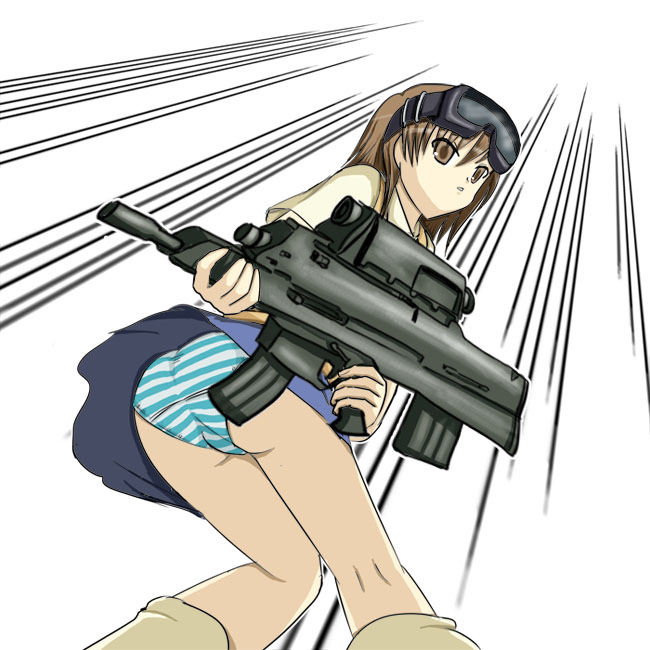 1girl airburst_grenade_launcher alliant_techsystems ass assault_rifle brown_eyes brown_hair bullpup carbine computerized_scope contraves_brashear_systems goggles goggles_on_head grenade_launcher gun headset heckler_&amp;_koch huge_weapon l-3_communications_corporation l3_technologies long_gun looking_at_viewer looking_down military misaka_imouto modular_weapon_system multi-weapon multiple-barrel_gun night-vision_device panties pants_king precision-guided_firearm prototype_design rifle school_uniform scope semi-automatic_grenade_launcher sheath short-barreled_rifle sight_(weapon) simple_background sketch smart_scope solo telescopic_sight thermal_weapon_sight toaru_kagaku_no_railgun toaru_majutsu_no_index transforming_weapon under-barrel_configuration underbarrel_assault_rifle underbarrel_rifle underwear unfinished upskirt weapon white_background xm104_(smart_scope) xm29_oicw