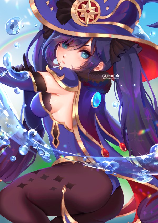 1girl ass blush breasts cape genshin_impact gloves green_eyes gumae gumaeart hat leotard long_hair looking_at_viewer medium_breasts mona_(genshin_impact) pantyhose purple_hair shiny_skin sideboob solo twintails very_long_hair water