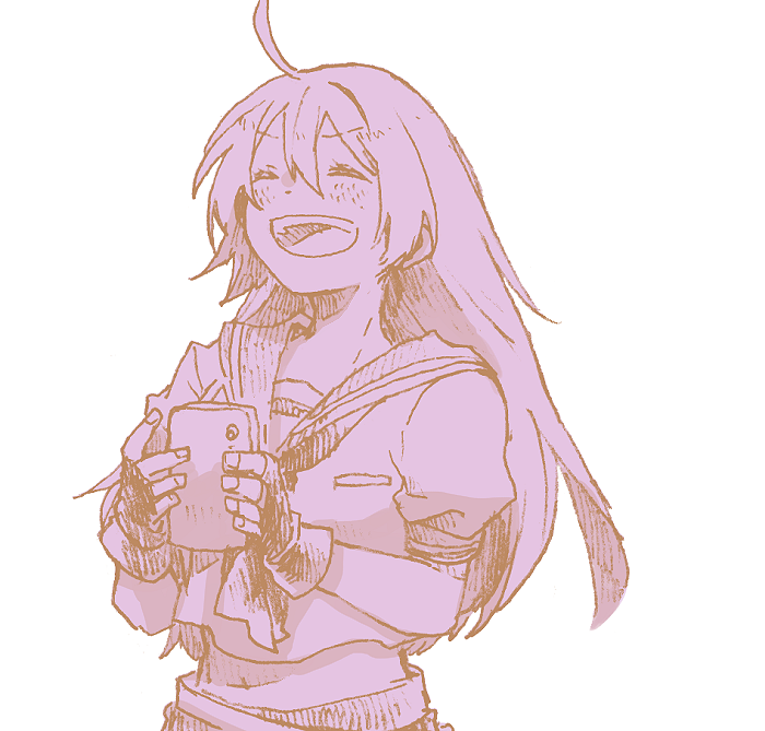 1girl :d ahoge another_eden blush cellphone closed_eyes commentary_request cropped_shirt double-parted_bangs fingerless_gloves foran_(another_eden) gloves hair_between_eyes hatching_(texture) holding holding_phone laughing linear_hatching long_hair michibata_65 midriff monochrome navel neckerchief open_mouth phone pink_theme sailor_collar school_uniform serafuku shirt short_sleeves simple_background smartphone smile solo teeth upper_body upper_teeth_only v-shaped_eyebrows white_background