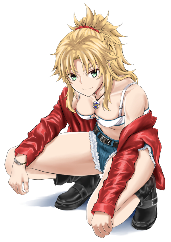 1girl ankle_boots belt belt_boots belt_buckle black_belt black_boots blonde_hair boots bracelet breasts buckle closed_mouth commentary_request denim denim_shorts fate/apocrypha fate_(series) green_eyes hakase_yurisuki jacket jewelry long_sleeves looking_at_viewer medium_breasts mordred_(fate) mordred_(fate/apocrypha) necklace open_clothes open_jacket ponytail red_jacket red_scrunchie scrunchie shadow short_shorts shorts simple_background smile solo squatting tank_top white_background white_tank_top