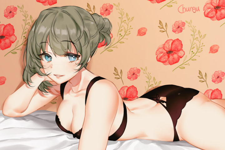 10s 1girl aqua_eyes artist_name ass ass_cutout bad_id bad_twitter_id black_bra black_panties blue_eyes bra breasts butt_crack chungu cleavage clothing_cutout collarbone female_focus floral_print green_hair hair_bun head_rest heterochromia idolmaster idolmaster_cinderella_girls keyhole_panties light_smile lying medium_breasts mole mole_under_eye on_stomach panties parted_lips single_hair_bun solo takagaki_kaede underwear underwear_only