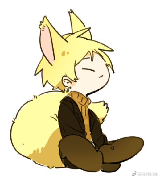 1boy animal_ears atou_haruki black_jacket blonde_hair brown_pants brown_sweater chinese_commentary closed_eyes closed_mouth commentary_request deformed fox_boy fox_ears fox_tail insoluble_c jacket kemonomimi_mode lapels male_focus notched_lapels open_clothes open_jacket pants saibou_shinkyoku short_hair simple_background sitting sketch solo sweater tail turtleneck turtleneck_sweater watermark weibo_watermark white_background