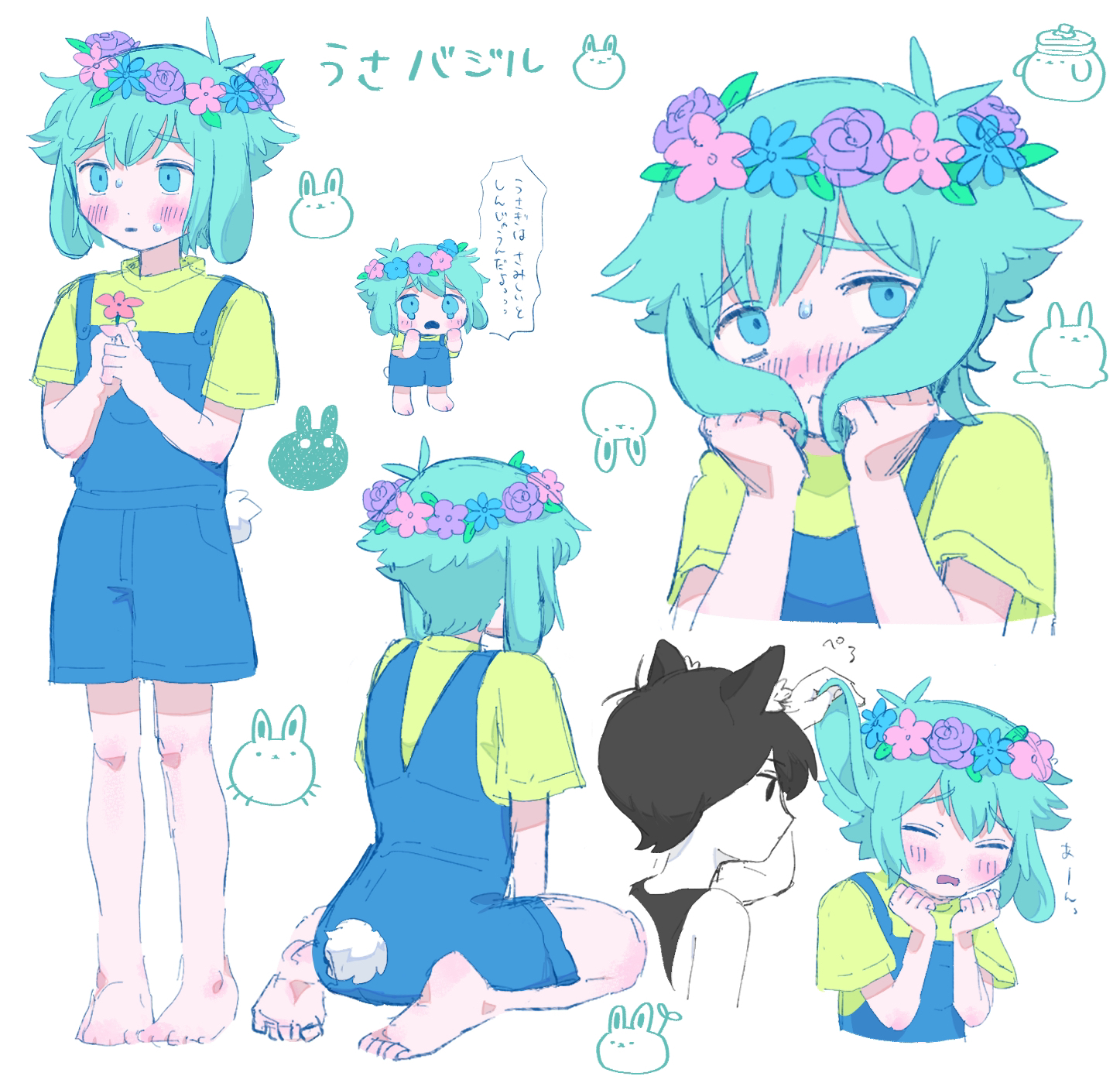 2boys animal_ears antenna_hair barefoot basil_(headspace)_(omori) basil_(omori) black_eyes black_hair blue_overalls bug_bunny_(omori) cat_boy cat_ears colored_skin flower forest_bunny?_(omori) forest_bunny_(omori) ghost_bunny_(omori) green_eyes green_hair head_wreath highres holding holding_flower kemonomimi_mode looking_at_viewer male_focus miranosub multiple_boys omori omori_(omori) overall_shorts overalls pancake_bunny_(omori) partially_translated rabbit_boy rabbit_ears rabbit_tail short_hair sitting slime_bunny_(omori) speech_bubble sprout_bunny_(omori) standing tail translation_request wariza white_skin