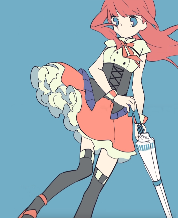 1girl black_thighhighs blue_background dress holding holding_umbrella megurine_luka megurine_luka_(toeto) pink_hair simple_background skirt solo thighhighs toeto_(vocaloid) umbrella underbust vocaloid zettai_ryouiki