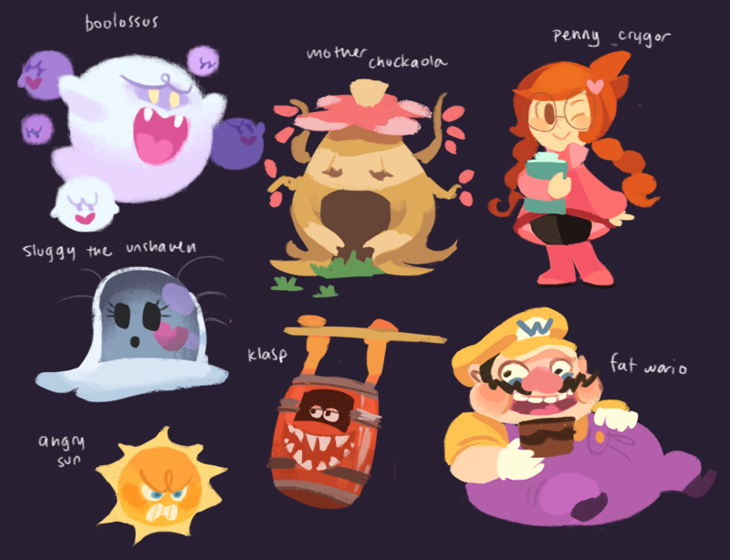 1boy 1girl angry_sun bad_id bad_tumblr_id blouse boo_(mario) book boolossus boots braid brown_hair cake character_name donkey_kong_(series) donkey_kong_country donkey_kong_country_3 facial_hair fat fat_man fat_wario food gigi_d.g. hat klasp luigi&#039;s_mansion mario_&amp;_luigi:_superstar_saga mario_&amp;_luigi_rpg mario_(series) mother_chuckaola mustache nintendo one_eye_closed overalls penny_crygor pink_boots purple_overalls shirt simple_background sluggy_the_unshaven standing super_mario_bros._3 super_mario_world_2:_yoshi&#039;s_island teeth twin_braids upper_teeth_only wario wario_land warioware wink yellow_shirt