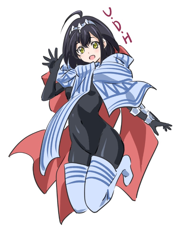 1girl black_bodysuit black_hair bodysuit boots breasts cape crown darkness_heels darkness_heels_lili forehead_protector headpiece leg_warmers lili_(darkness_heels) looking_at_viewer mini_crown short_hair skin_tight small_breasts smile solo thighhighs tsunashima_shirou ultra_series yellow_eyes
